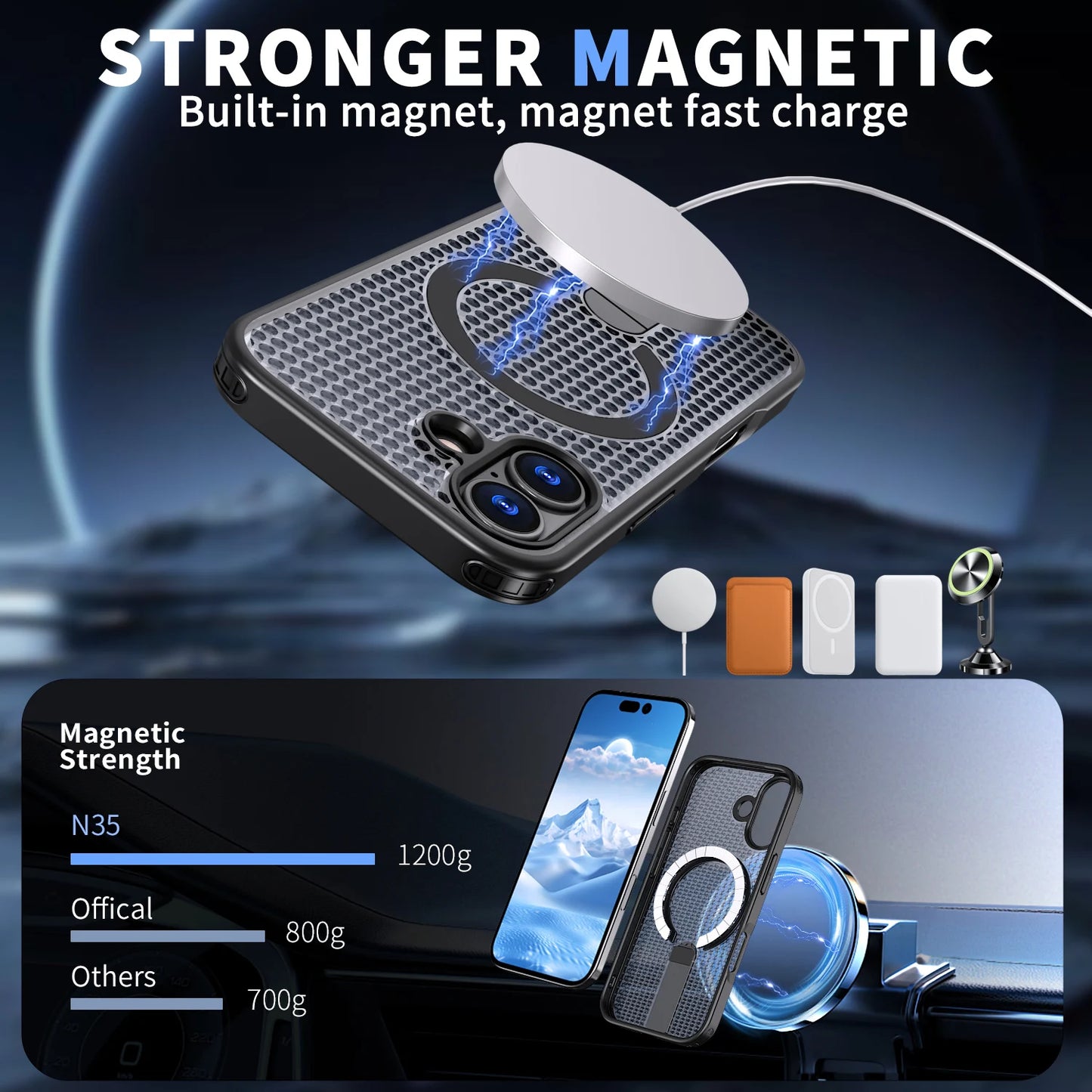 MagSafe Magnetic Case for iPhone 17 17 Air 17Pro 17 Pro Max Anti-drop Honeycomb Heat Dissipation Protective Cover With Stand
