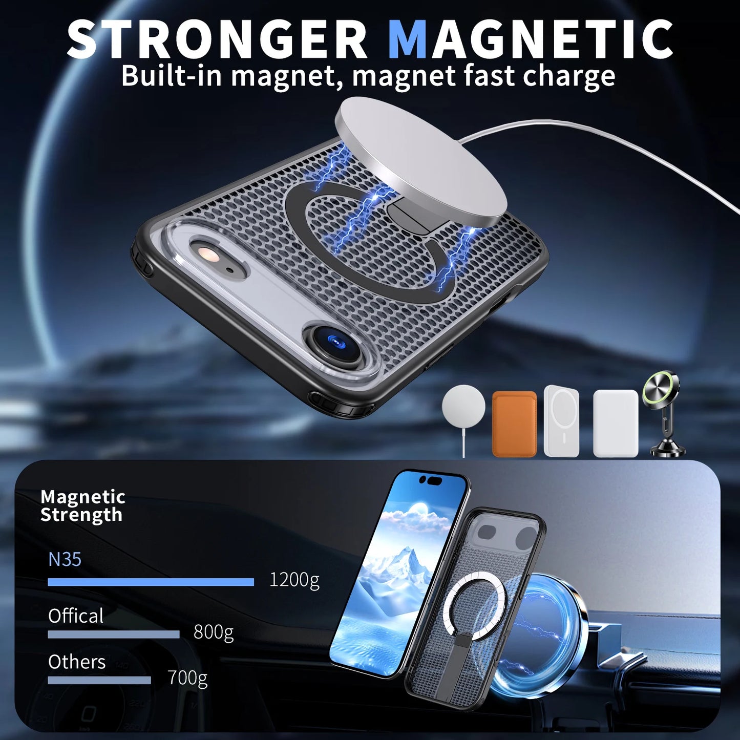 MagSafe Magnetic Case for iPhone 17 17 Air 17Pro 17 Pro Max Anti-drop Honeycomb Heat Dissipation Protective Cover With Stand